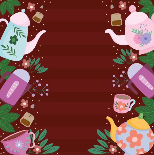 喝茶时间茶壶杯与花叶自然图片下载