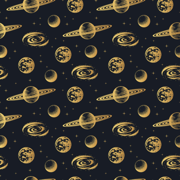 无缝图案与金色天体星星。金色星系背景与土星，月球和行星。矢量隔离空间纹理。图片下载