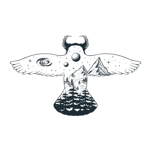 手绘矢量孤立的天体动物插图。神秘的猫头鹰与银河系，星星，月亮和行星，森林树木和山。精神上的纹身。图片下载