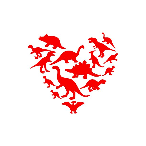 恐龙的心脏形状。红色的颜色。史前动物的剪影。矢量插图。T恤印花，贺卡模板，海报，横幅。图片下载