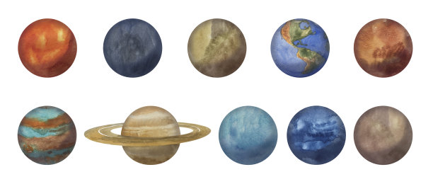 太阳系行星水彩：水星、金星、地球、火星、木星、土星、天王星、海王星、冥王星，用于贺卡设计、背景、面料、纸张设计图片下载