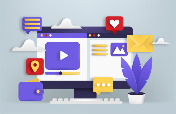 3D网页创意概念电脑矢量时尚插图与显示器，网页，不同的图标和植物。图片下载