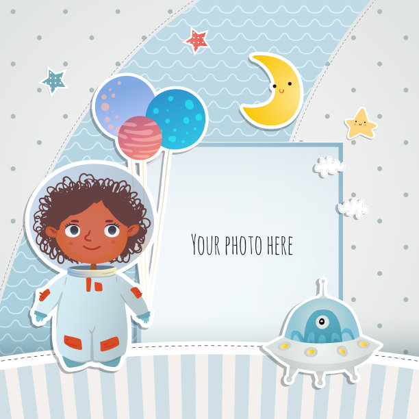 节日卡设计。婴儿洗澡。一个小宇航员漂浮在开阔的太空中，在恒星、行星和彗星之间。图片下载