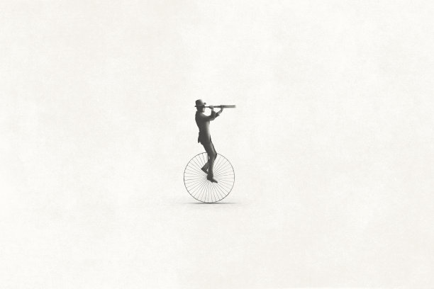 插图的最小复古商人骑着一辆旧自行车观察未来与双筒望远镜图片下载