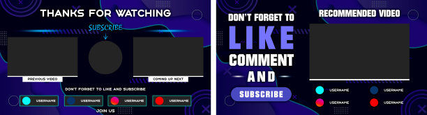 Youtube结束屏幕紫色的设计和紫色的线。Youtube视频模板，背景，奥特卡，结束屏幕，横幅，频道。社交媒体设计。频道屏幕保护程序结束图片下载