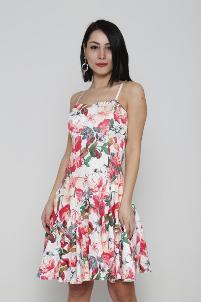 美丽的女子在花式连衣裙夏季时间前的白色背景图片下载