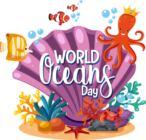 世界海洋日标志或横幅与大贝壳图片下载