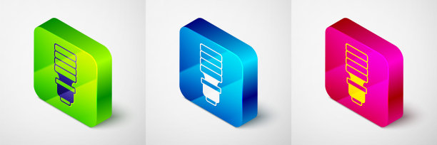 等距LED灯泡图标孤立在灰色背景。经济型LED照明灯泡。节约能源灯。方形按钮。向量图片下载