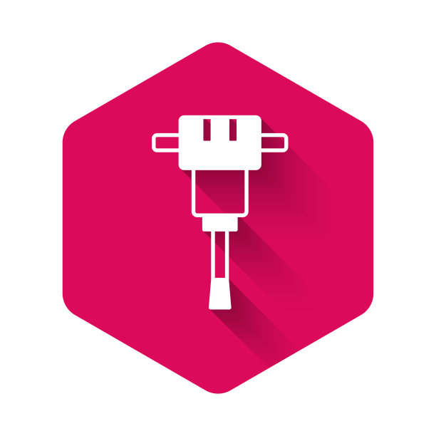 白色建筑手提钻图标与长阴影背景隔离。粉红色的六角按钮。向量图片下载