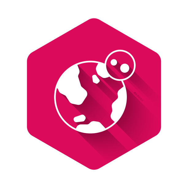 白色地球地球图标孤立与长阴影背景。世界或土相星座。全球互联网的象征。几何形状。粉红色的六角按钮。向量图片下载