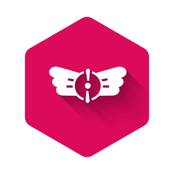 白色航空徽章图标孤立与长阴影背景。军事和民用航空标志。飞行会徽，鹰鸟翼和翼架。粉红色的六角按钮。向量图片下载