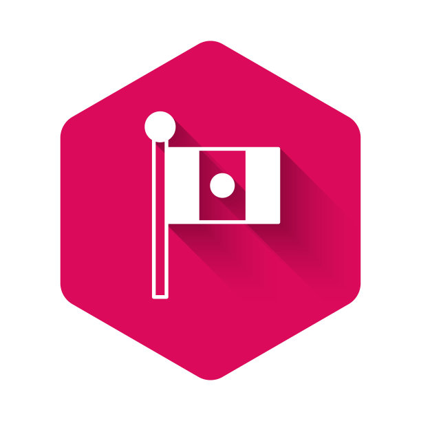 白色墨西哥国旗旗杆图标孤立与长阴影背景。粉红色的六角按钮。向量图片下载