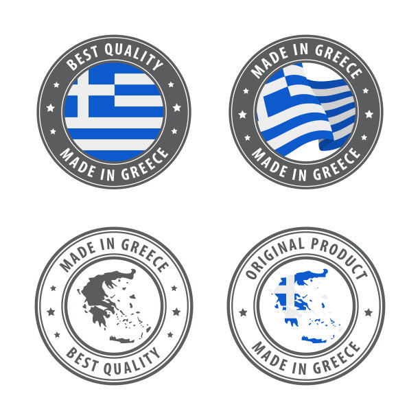 希腊制造-一套标签，邮票，徽章，带有希腊地图和国旗。最好的质量。原来的产品。图片下载