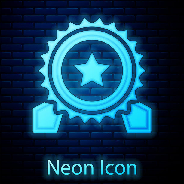 砖墙背景上的发光霓虹星星奖章图标，获胜成就标志矢量图图片下载