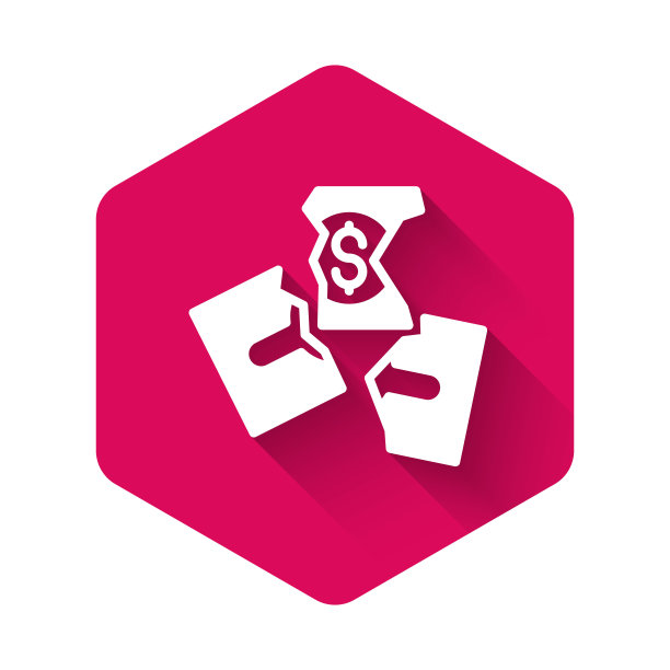 将白色的钞票撕成三个和平的图标，孤立的有长长的阴影背景。粉红色的六角按钮。向量图片下载