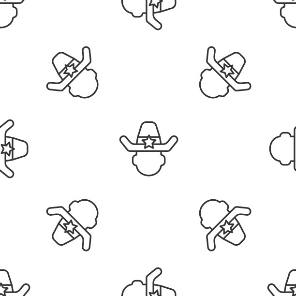 灰色线警长牛仔帽与星徽图标孤立无缝模式的白色背景。警察。向量图片下载