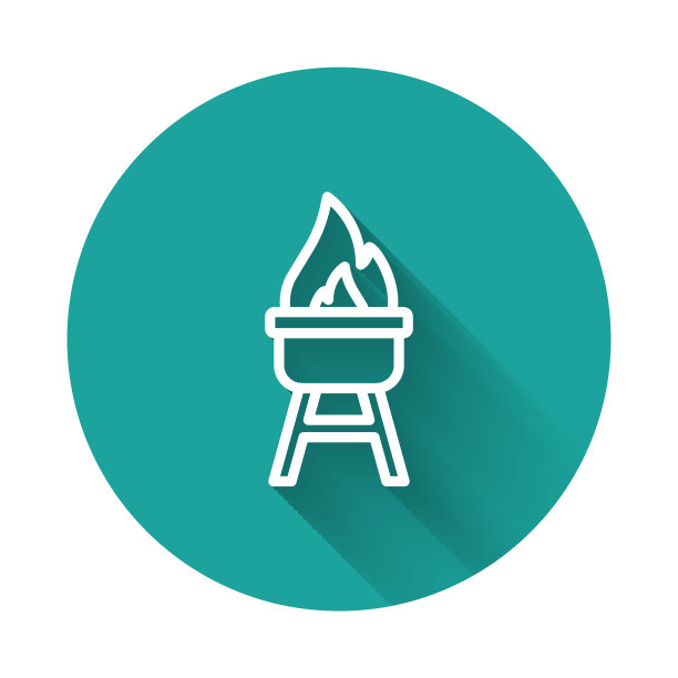 白线烧烤架图标孤立与长阴影背景。烧烤烧烤聚会。绿色圆圈按钮。向量图片下载