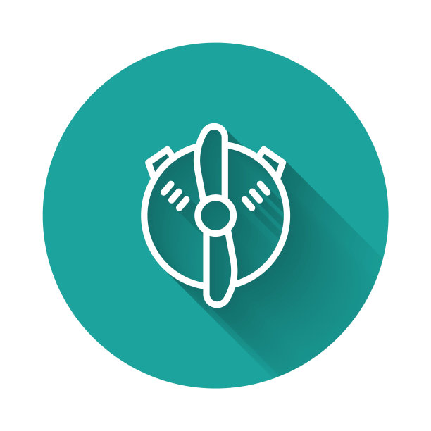 白线飞机螺旋桨图标与长阴影背景隔离。古董飞机螺旋桨。绿色圆圈按钮。向量图片下载