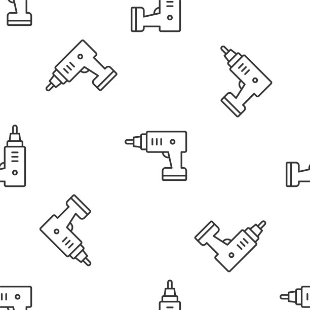 灰色线电动无绳螺丝刀图标隔离无缝图案在白色背景。电动钻机。修复工具。向量图片下载