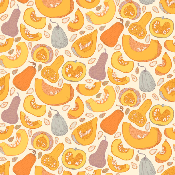 矢量植物无缝图案与南瓜，花和叶在卡通风格。粉彩背景南瓜，南瓜和种子。可爱的秋天质地的感恩节，收获和万圣节。图片下载