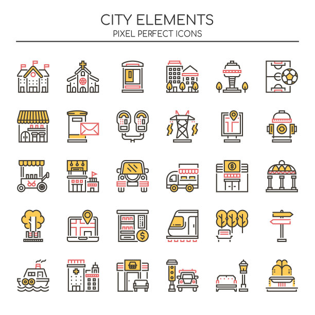 城市元素细线和像素完美图标图片下载