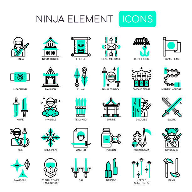 忍者元素细线和像素完美图标图片下载