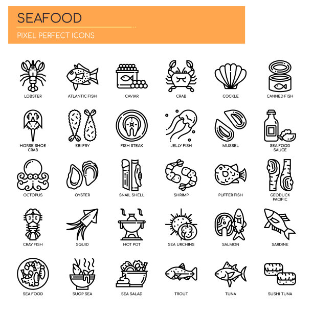 海鲜细线和像素完美图标图片下载
