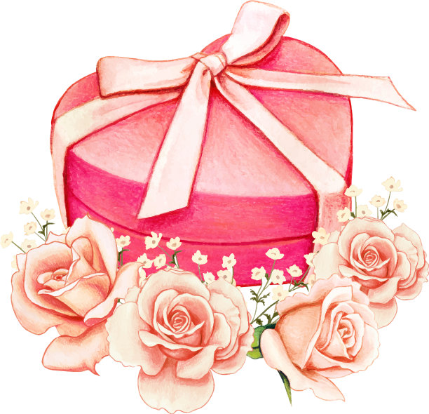 水彩粉色心形礼盒和桃子图片下载