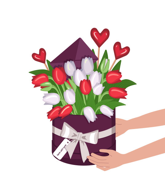 送一个插着郁金香心的盒子图片下载