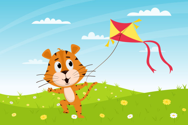 可爱的卡通老虎带着风筝在田野里奔跑。夏天的风景。一年的象征。动物的性格。颜色矢量插图的孩子。平的风格图片下载