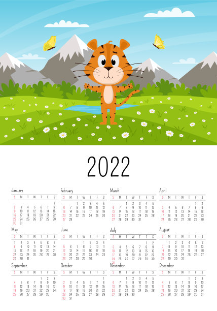 2022年的日历封面。今年是虎年。老虎在自然界中。夏天的田野和蝴蝶。带有月和周的日历网格。一个卡通人物。矢量插图。图片下载
