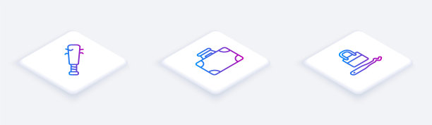 设置等距线棒球棒与钉子，公文包和金钱和撬锁撬锁。白色正方形按钮。向量图片下载