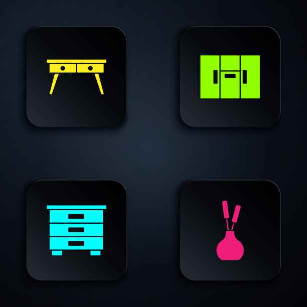 花瓶，办公桌，家具床头柜和衣柜。黑色方形按钮。向量图片下载