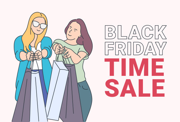 黑色星期五横幅概念。女孩或妇女在大减价后提着购物袋。黑色星期五购物不错。手绘细线风格，矢量插图。图片下载