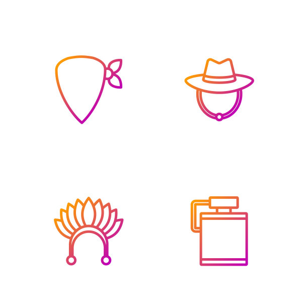 集线水壶，印第安头饰羽毛，牛仔头巾和西部牛仔帽。渐变颜色图标。向量图片下载