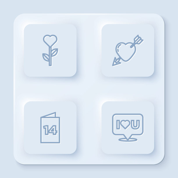 以花为线，以心为线，以箭为线，以贺卡为线，以话为泡，我爱你。白色正方形按钮。向量图片下载