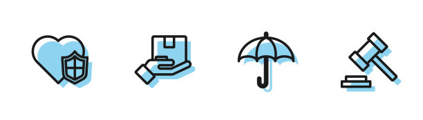 雨伞、带盾牌的寿险、送货和法官 gavel 图标组合，矢量素材图片下载