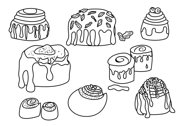 一套美味的肉桂面包在涂鸦风格。一套漩涡面包。肉桂卷，加糖，浇头，糖浆，坚果。矢量手绘插图图片下载