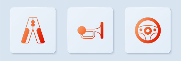 设置汽车信号喇叭，汽车电池跨接电源电缆和方向盘。白色正方形按钮。向量图片下载