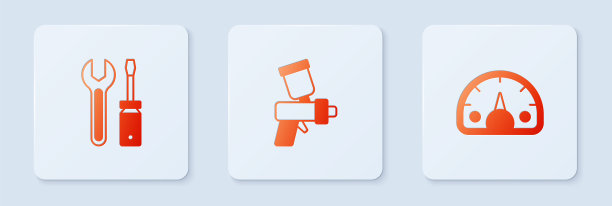 设置喷漆枪，螺丝刀，扳手和速度计。白色正方形按钮。向量图片下载