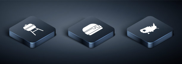 设置等距烧烤架，美国地图和汉堡图标。向量图片下载