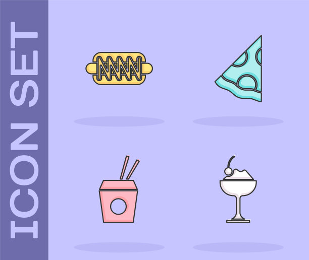 集冰淇淋碗，热狗三明治，亚洲面条筷子和披萨片图标。向量图片下载