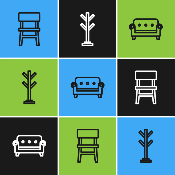 设置线椅子，沙发和衣帽架图标。向量图片下载