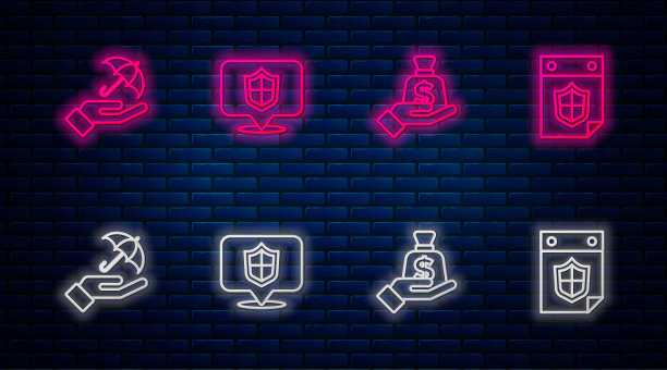 设行位盾，手握钱，带伞，带日历。砖墙上发光的霓虹灯图标。向量图片下载