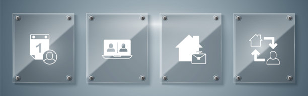 设置“在线办公”、“视频会议”和“时间管理”。方形玻璃面板。向量图片下载