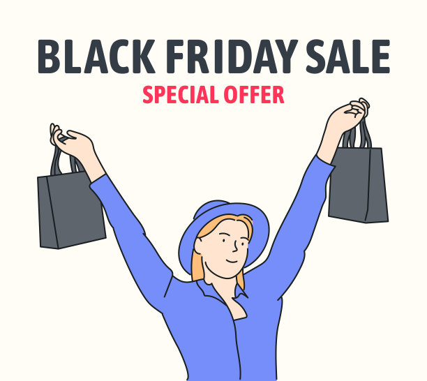 黑色星期五横幅概念。漂亮的女孩提着购物袋，开心地笑着。图片下载