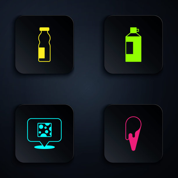 把冰淇淋放在蛋筒里，喝酸奶瓶，奶酪和打发。黑色方形按钮。向量图片下载