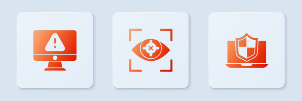 设置眼睛扫描，带感叹号的监视器和笔记本电脑保护盾。白色正方形按钮。向量图片下载