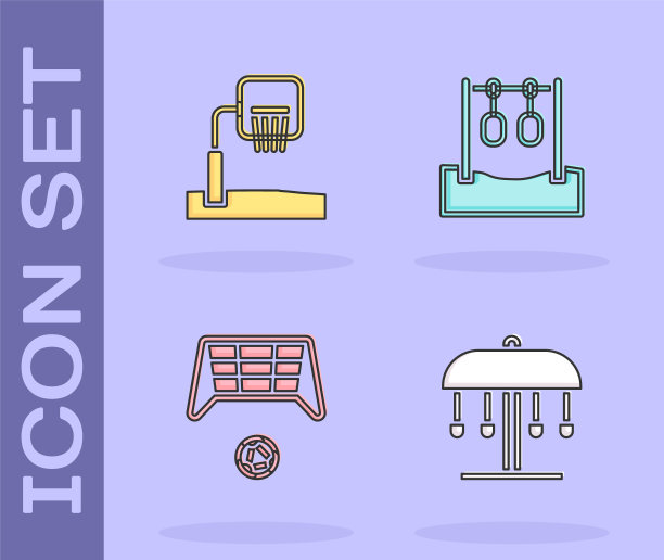 设置吸引力旋转木马，篮球篮板，足球目标与体操环图标。向量图片下载