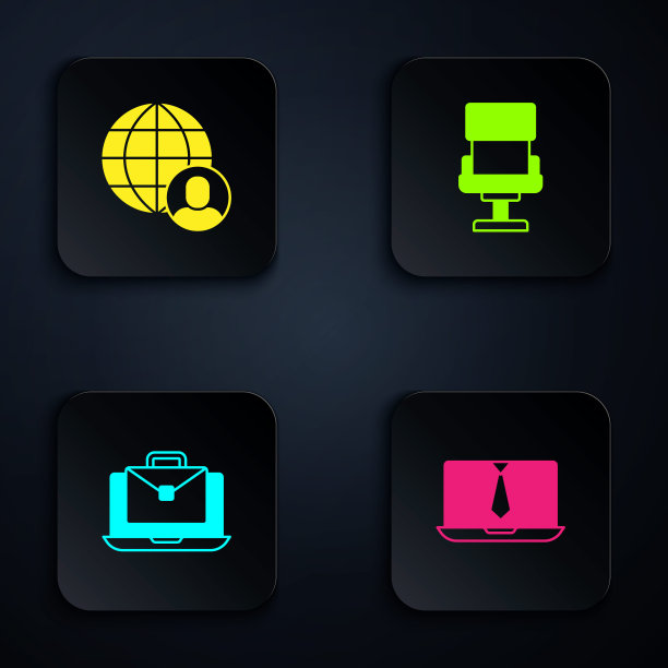 设置视频聊天会议，自由职业者，在线工作和办公椅。黑色方形按钮。向量图片下载